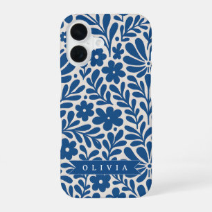 Coque iPhone 16 Personnalisé Floral Folklorique Bleu Nordique Sur