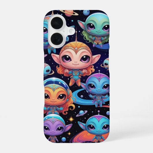 Coque iPhone 16 Petits Aliens Multi-Couleurs dans l'Espace (Verso)