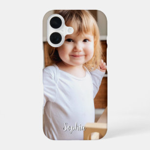 Coque iPhone 16 Photo de votre enfant et nom de script