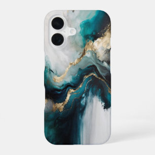 Coque iPhone 16 Pierre de marbre sarcelle sarcelle et or élégante