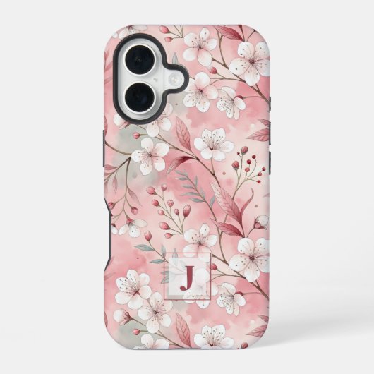 Coque iPhone 16 Pink cherry blossom monogram (Verso)