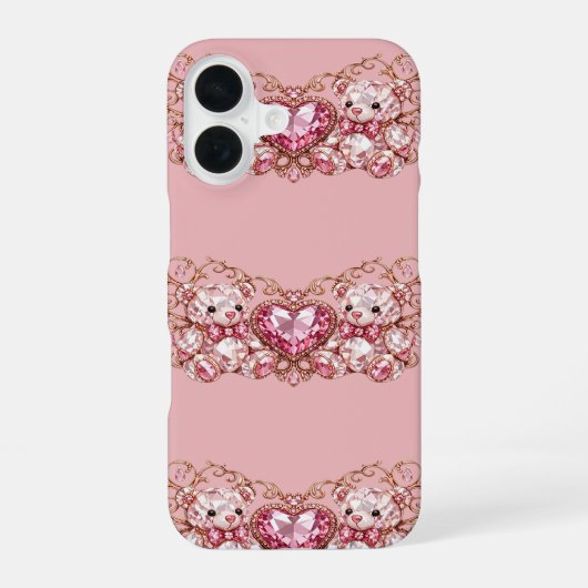 Coque iPhone 16 Pink Crystal Teddy Bears with Gem Heart (Verso)