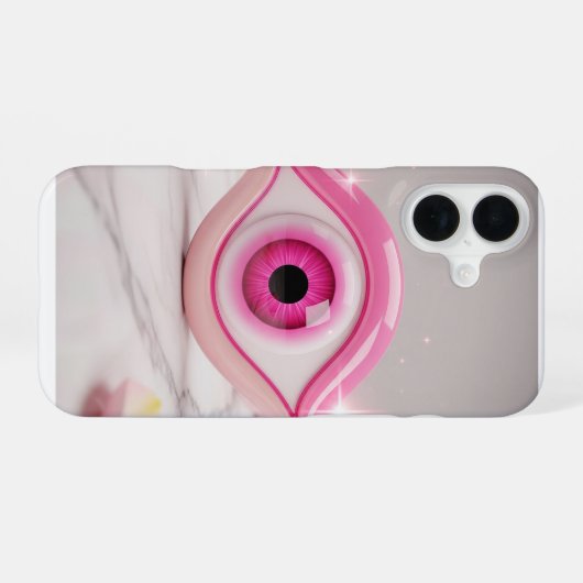 Coque iPhone 16 Pink Evil Eye Amulet on Marble Surface (Verso Horizontal)