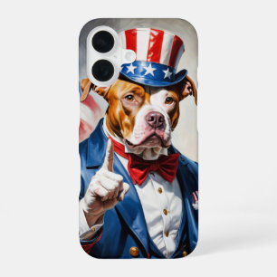 Coque iPhone 16 Pitbull patriotique en pose d'Oncle Sam