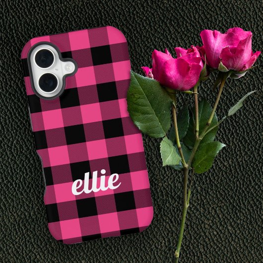 Coque iPhone 16 Plaid de buffle rose et noir personnalisé
