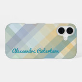 Coque iPhone 16 Plaid Monogramme Pastel Bleu Turquoise Jaune Vert (Verso Horizontal)