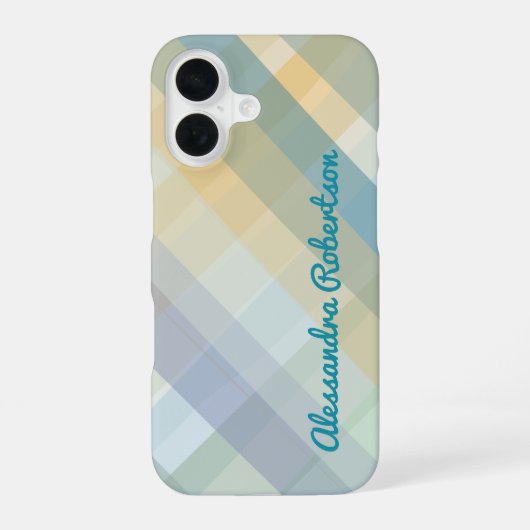 Coque iPhone 16 Plaid Monogramme Pastel Bleu Turquoise Jaune Vert (Verso)