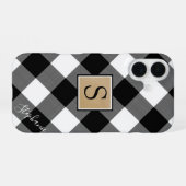 Coque iPhone 16 Plaids Buffalo Noir et Blanc Monogramme Nom Script (Verso Horizontal)