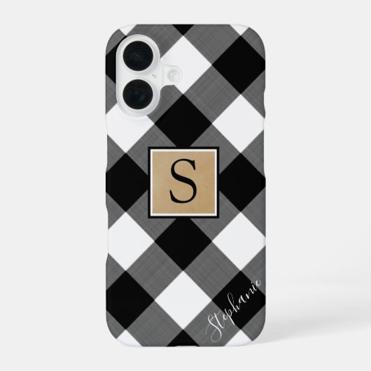 Coque iPhone 16 Plaids Buffalo Noir et Blanc Monogramme Nom Script (Verso)