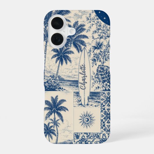 Coque iPhone 16 Planche de surf tropicale bleue  (Verso)