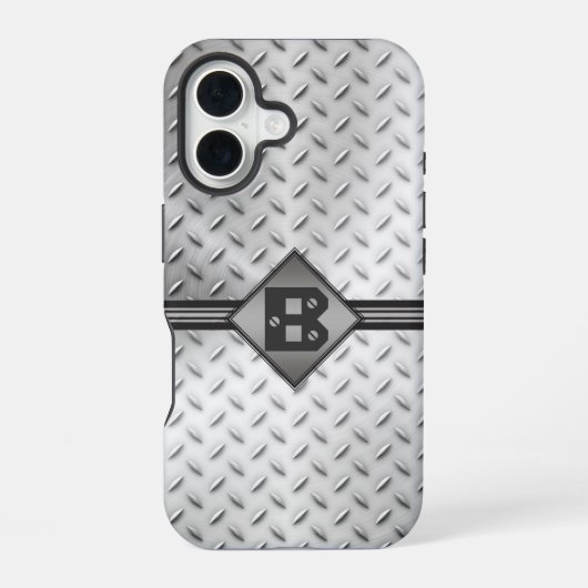 Coque iPhone 16 Plaque en acier à motif diamant avec monogramme (Verso)