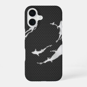 Coque iPhone 16 Plongeur argenté avec requins sur décor en fibre d