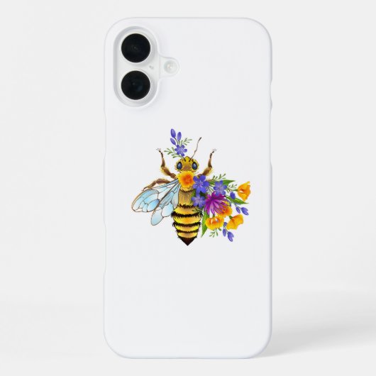 Coque iPhone 16 Plus Abeille à fleurs avec plantes sauvages (Verso)