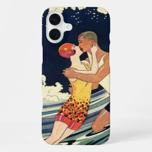 Coque iPhone 16 Plus Amants Art Déco vintage s'embrassant dans les vagu