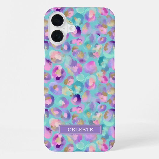 Coque iPhone 16 Plus Aqua Iridescent Imprimé Léopard Monogrammé (Verso)