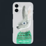 Coque iPhone 16 Plus Aquarelle Rabbit en gris doux Personnalisé<br><div class="desc">Lapin tendance en pull-over sur arrière - plan couleur personnalisé.</div>