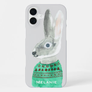 Coque iPhone 16 Plus Aquarelle Rabbit en gris doux Personnalisé
