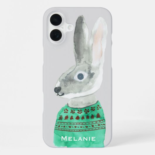 Coque iPhone 16 Plus Aquarelle Rabbit en gris doux Personnalisé (Verso)