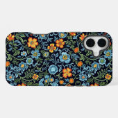 Coque iPhone 16 Plus Art floral complexe : Fleurs bleues et orange (Verso Horizontal)