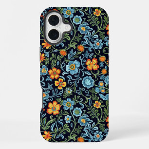 Coque iPhone 16 Plus Art floral complexe : Fleurs bleues et orange