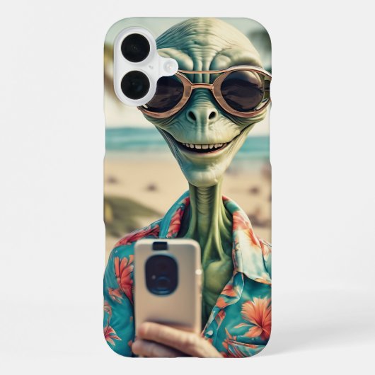 Coque iPhone 16 Plus Art Rétro de Selfie de Plage Alien (Verso)