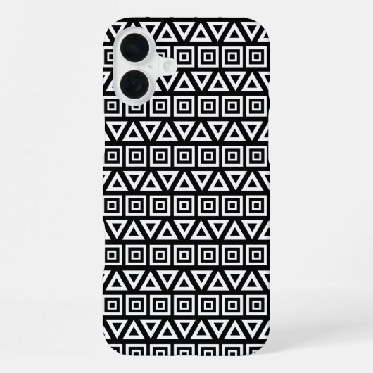 Coque iPhone 16 Plus Aztec Triangles+Motif Carré blanc sur noir (Verso)
