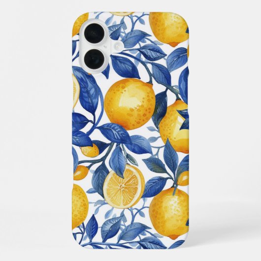 Coque iPhone 16 Plus Azulejo Lemons Feuilles Bleues (Verso)