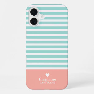 Coque iPhone 16 Plus Bandes minces Hauteur Coeur Monogramme Pêche turqu