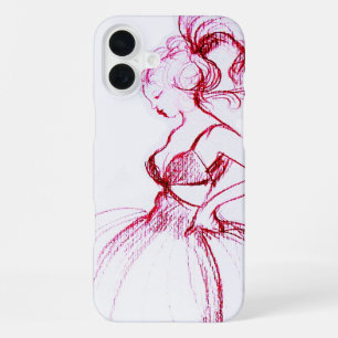 Coque iPhone 16 Plus BEAUTÉ EN ROBE ROSE Dessin Rouge Blanc