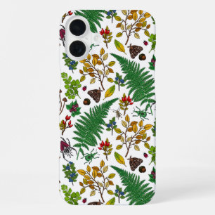 Coque iPhone 16 Plus Berries forestières, feuilles et buissons sur blan