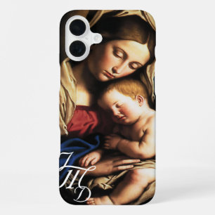 Coque iPhone 16 Plus Bienheureuse Mère et Christ Enfant Monogrammé