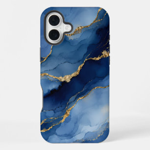 Coque iPhone 16 Plus Bleu Nuit Profond et Or Texture d'Agate à l'Encre