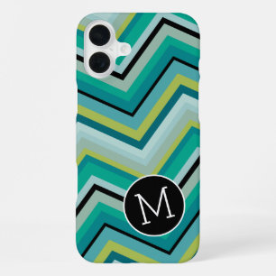 Coque iPhone 16 Plus Bleu Vert noir Chevron Motif simple Monogramme