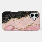 Coque iPhone 16 Plus Blush Black Gold Paillet Agate Nom Script (Verso Horizontal)
