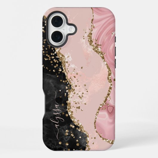 Coque iPhone 16 Plus Blush Black Gold Paillet Agate Nom Script (Verso)