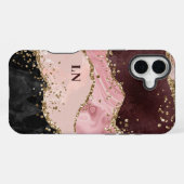 Coque iPhone 16 Plus Blush Noir Monogramme Agate Pailleté Or (Verso Horizontal)