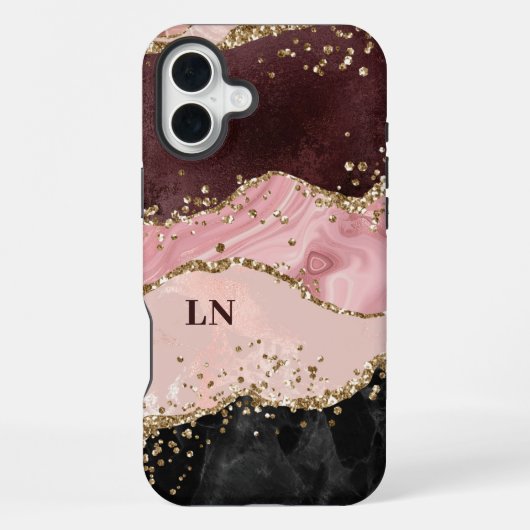 Coque iPhone 16 Plus Blush Noir Monogramme Agate Pailleté Or (Verso)