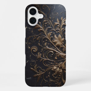 Coque iPhone 16 Plus Boîtier en marbre noir de luxe - Filigrane doré él