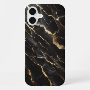 Coque iPhone 16 Plus Boîtier en marbre noir de luxe - Veines dorées élé