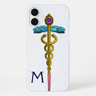 Coque iPhone 16 Plus CADUCÉE MÉDICAL EN OR SYMBOLE Monogramme Blanc