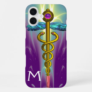 Coque iPhone 16 Plus CADUCÉE MÉDICAL SYMBOL OR Monogramme Vert Violet