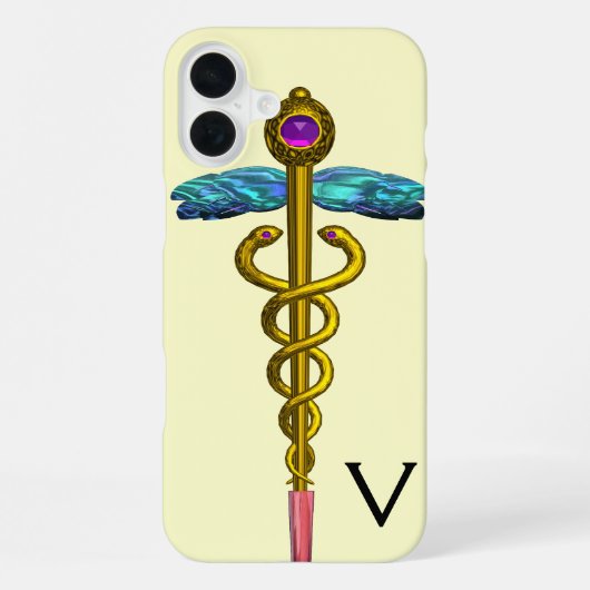 Coque iPhone 16 Plus CADUCÉE MONOGRAMME OR,Blanc (Verso)