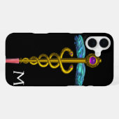 Coque iPhone 16 Plus CADUCÉE MONOGRAMME OR ,Noir (Verso Horizontal)
