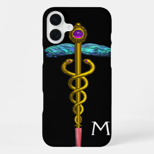 Coque iPhone 16 Plus CADUCÉE MONOGRAMME OR ,Noir