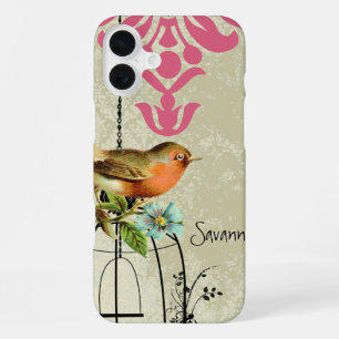 Coque iPhone 16 Plus Cage à oiseaux Damask Oiseau d'amour vintage