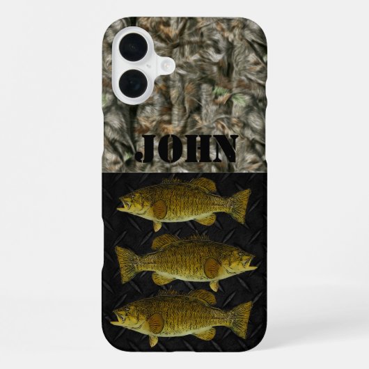 Coque iPhone 16 Plus Camo Rustique Smallmouth Nom de basse Pêche (Verso)