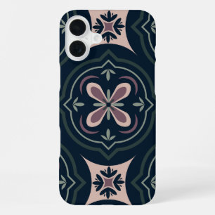 Coque iPhone 16 Plus Carreaux Géométriques Floraux Terreux