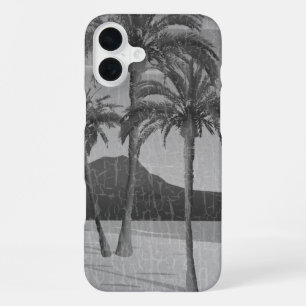 Coque iPhone 16 Plus Carte postale grise vintage de la plage de Waikiki