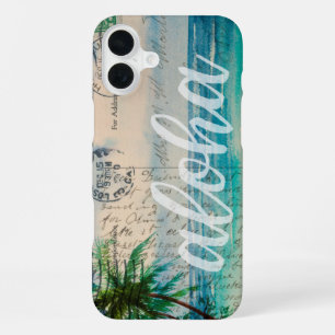 Coque iPhone 16 Plus Carte postale vintage aux palmiers hawaïens