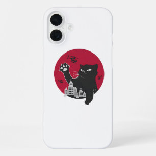 Coque iPhone 16 Plus Catzilla - Parodie de chat noir géant avec la vill